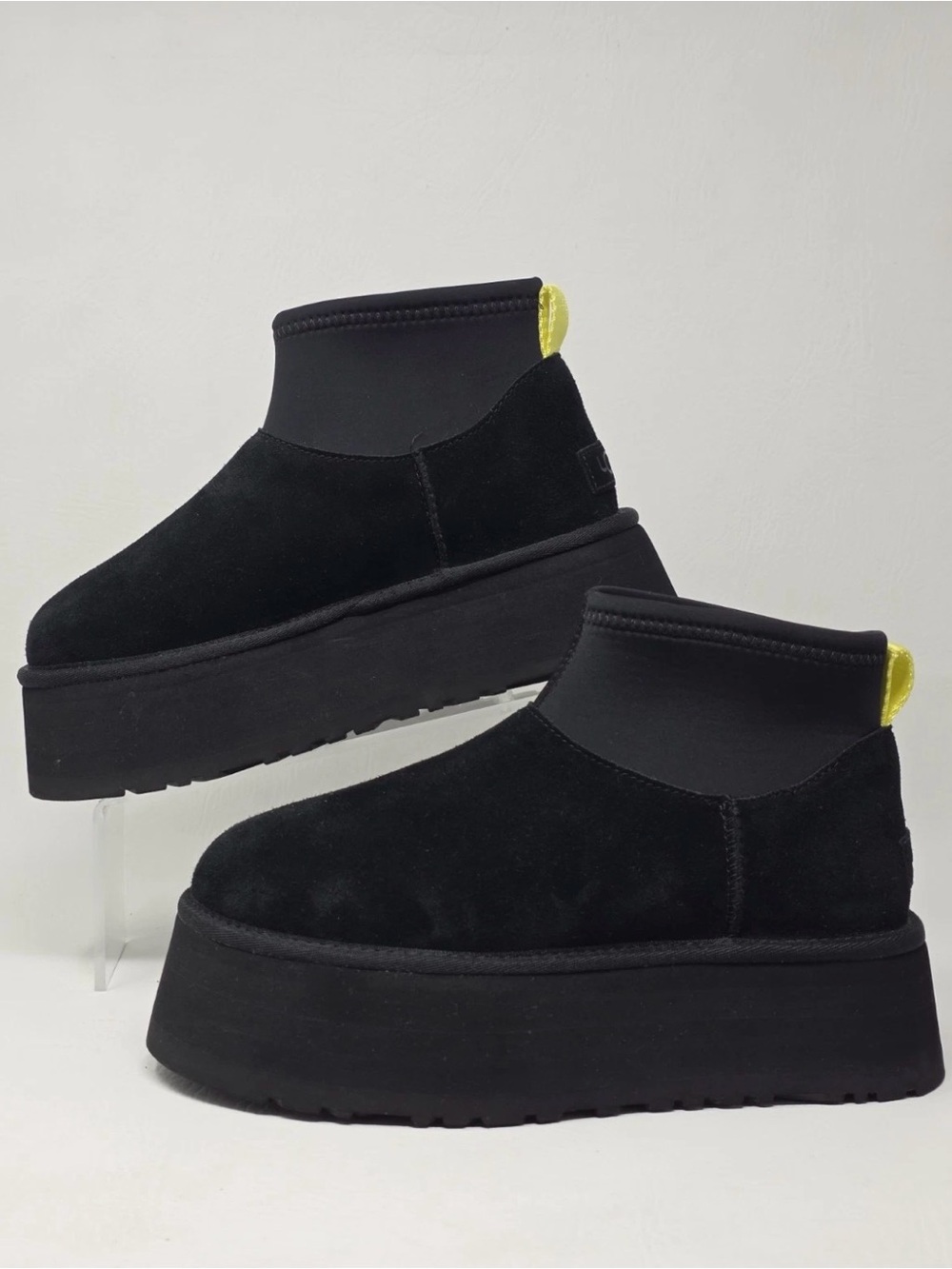 Black Platform Ankle UGGS with Yellow Heel Tab